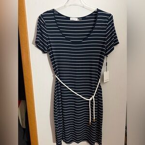 Calvin Klein Navy and White Striped Midi Dress